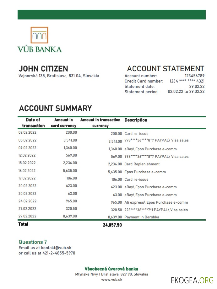 Relevé bancaire Slovaquie VUB xls